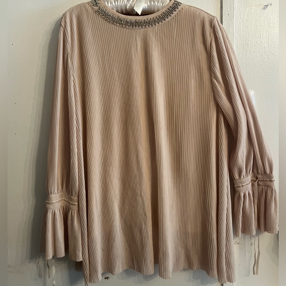 Alfani XL Tan Pleated Blouse Beautiful Jeweled Neckline Keyhole Button Detail
